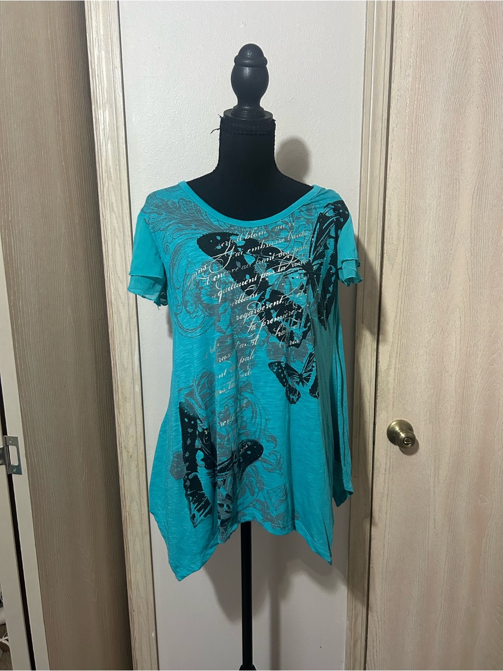 Teal Butterfly Graphic Short Sleeve Tunic Top